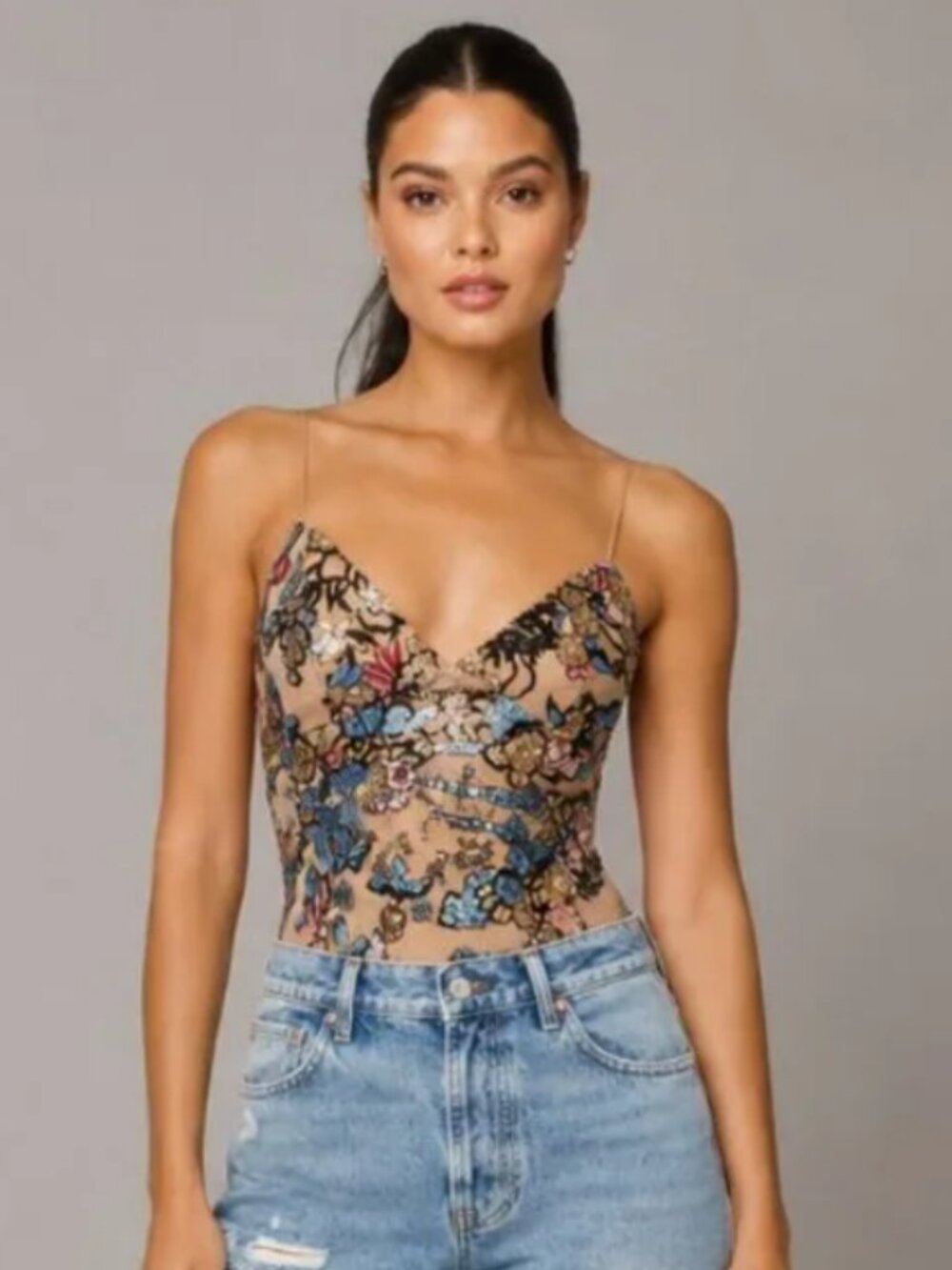 Topshop Floral Embroidered Bodysuit Size S